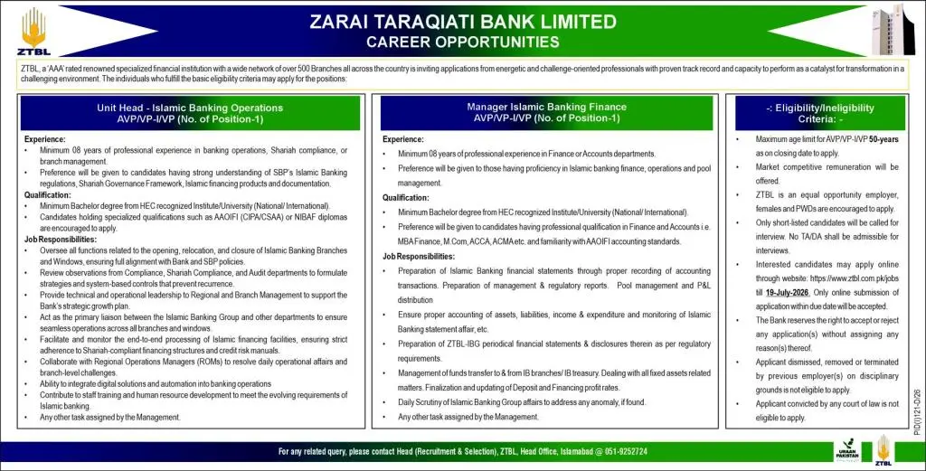 Jobs In Zarai Taraqiati Bank 2026, ZTBL Jobs 2026