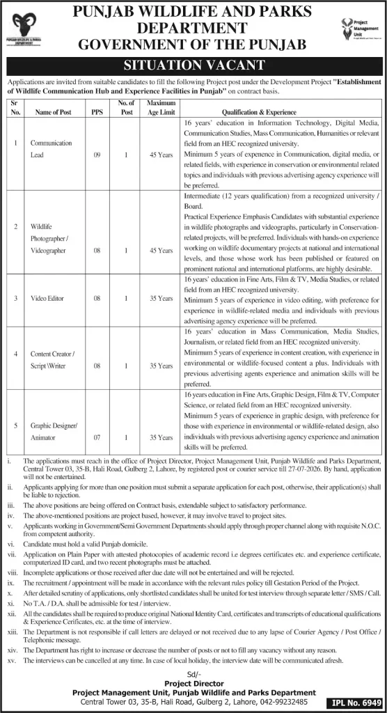 Jobs in Punjab Wildlife and Parks Department 2026