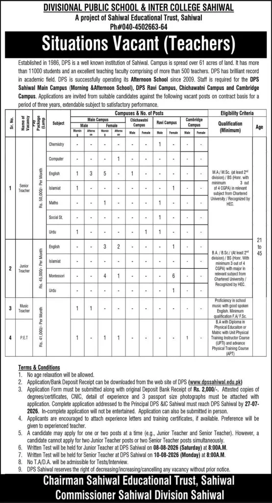 Teacher Jobs in DPS Sahiwal 2026